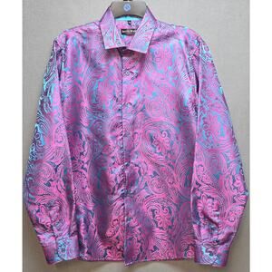 Barry Wang Shirt Mens Large Blue Pink Paisley Silk Blend Button Down Dress